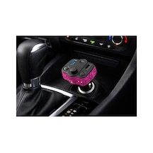 Araç İçi Fuşya Kristal Taşlı Fm Transmitter Bluetooth Usb Type-c Oto Çakmaklık