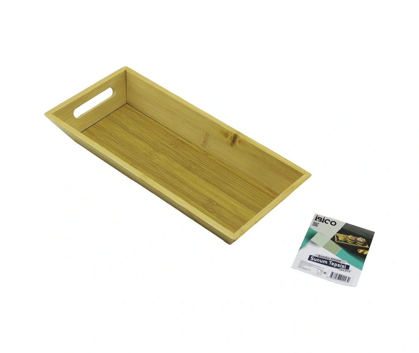Dikdörtgen 16x35cm Derin 4.5cm Ahşap Bambu Sunum Tepsisi Çift Oyma Kulplu Kahverengi