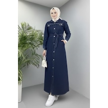 Hb Harma Time Butik Kadın Boncuk İşlemeli Düğmeli Kuşaklı Lacivert Kot Elbise Lacivert Lacivert