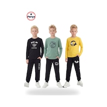 Fyk Kids 3'lü Yuvarlak Yaka Sweatshirt Siyah Eşofmanlı Baskı Detaylı 6 Parça Erkek Çocuk Alt Üst Takım Siyah - Mint Yeşili