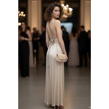 Fashion Cocktail Helen Örgü Sırt Bağlamalı Parlak Yumuşacık Saten Yırtmaçlı Bohem Yazlık Uzun Helenistik Gece Elbise Altın