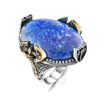 Gümüş Büyük Kasa Lapis Lazuli Taşlı Balta Tasarım Erkek Yüzük Gümüş