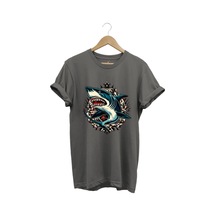 Köpek Balığı Baskılı Deniz Kum Güneş Shark Baskılı Regular Fit %100 Pamuk Gri T-shirt Antrasit