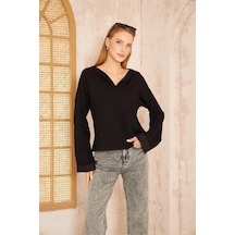 Kadın Ekstra Uzun Duble Kol / Yakası Yırtmaçlı Salaş Sweatshirt Bluz 3470190 Siyah