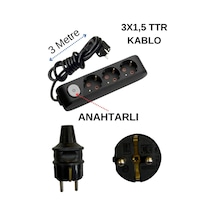 Avarson 3'lü Üçlü Priz Topraklı Anahtarlı Kablolu Siyah 3x1,5 Ttr 3 Üç Metre