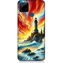 Realme C15 Uyumlu Alevli Fener Kayalık Yalnızlığı Desenli Silikon Kılıf Çok Renkli