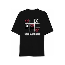 14 Şubat Sevgililer Günü Love Always Wins Baskılı Oversize Bisiklet Yaka T-shirt - Siyah