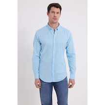 Tudors Erkek Slim Fit Dar Kesim Uzun Kollu Keten Premium Seri Düğmeli Yaka Spor Açık Mavi Gömlek-42642 Açık Mavi