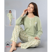 Melodi Kadın Standart Kalıp %100 Pamuk Düğmeli Yaka Uzun Kol Baharlık Pijama Takımı 16165- 1 Adet Yeşil
