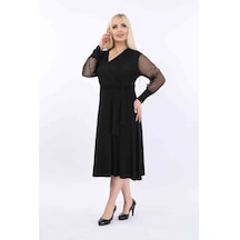 Büyük Beden Kruvaze Yaka Esnek Elbise 37B-2031 Siyah