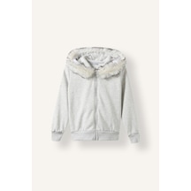 Defacto Kürklü Kapüşonlu Basic Fermuarlı Hırka Sweatshirt Kız Çocuk I6883a826augr421 Gri-gr421