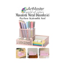 Masaüstü Metal Kalemlik Seti 3 Lü Kombo Açık Pembe 1 Paket Fileli Perfore Kalemlik Kağıtlık Küpnotluk Düzenleyici Açık Pembe