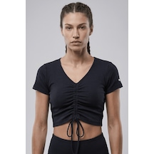 Woneagle Lacivert V Yaka İp Büzgülü Crop Basic Tişört Lacivert Lacivert