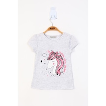 Toontoy Kids Toontoy Kız Çocuk Unicorn Baskılı Pul İşlemeli Tişört Gri Melanj
