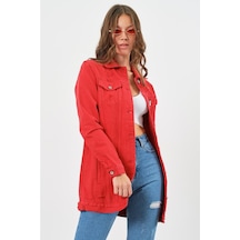 Denim Republic Kadın Kırmızı Yırtık Detaylı Uzun Kot Ceket