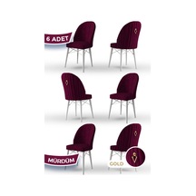 Canisa Ritim Serisi, 1.sınıf Babyface Ithal Kumaş,6 Adet Mürdüm Sandalye, Beyaz Gürgen Ayak, Gold Halkalı Sandalye Mürdüm Ayakları Beyaz