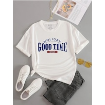 Good Time T-shirt - Beyaz Baskılı Oversize Bisiklet Yaka Kısa Kol Beyaz