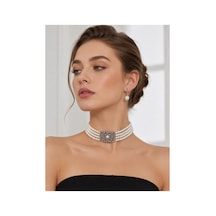 Choker İnci Kolye Ve İnci Küpe Seti Zirkon Taşlı Otantik Tasarım Beyaz