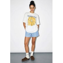 Shade Kadın Pamuk Bisiklet Yaka Tropicana Muz Baskılı Oversize T-shirt Öt261005 60286082 - Beyaz Standart