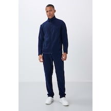 Tommy Life İndigo Dik Yaka Basic Fermuar Cepli Standart Kalıp Erkek Polar Eşofman Takımı - 85193 İndigo