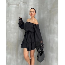 Fashion Cocktail Ekstra Uzun Kollu Çift Kat Dantel Işleme Madonna Yaka Düşük Omuz Kemerli Doğal Bohem Yazlık Elbise Siyah