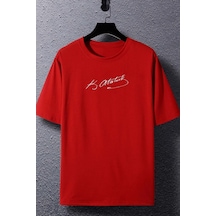 Unisex K.atatürk Imza Baskılı Kısa Kol T-shirt Kırmızı