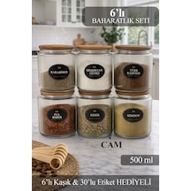 6 Lı Ahşap Vakumlu Bambu Kapaklı Kaşıklı Lüks Baharatlık Takımı 300 Ml Cam Şeffaf