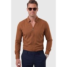 Rizzup Açık Kahve Slim Fit Kolay Ütülenebilir Açık Dik Yaka Likralı Erkek Gömlek 2602615 Açık Kahverengi