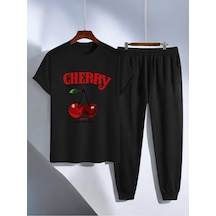 Uyguntarz Unisex Happy Cherry Tasarım Basklı Tshirt Eşofman Takımı Siyah