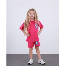 Cg Kids Stitch Kız Çocuk Tshirt Şort Alt Üst Takım Sırt Baskı Detaylı Fuşya