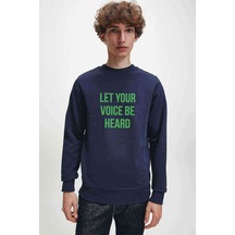 Let Your Voice Be Heard Baskılı Indigo Erkek Örme Sweatshirt