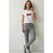 Elemge %100 Pamuk Compact Tok Penye Süprem Kadın 2'li Pijama Takımı Rahat Kalıp Kısa Kol Cepli İpli Gri Byz Gri-beyaz