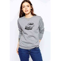 Mini Araba Çizim Baskılı Gri Kadın Sweatshirt