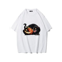 Brz Collectıon Brz Collection Unisex Oversize Halloween Pumpkin Black Cat T-shirt Beyaz