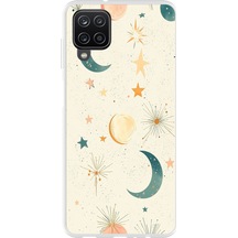 Samsung Galaxy A22-m22-m32 Uyumlu Krem Zeminli Ay Ve Yıldız Baskılı Silikon Kılıf Renkli