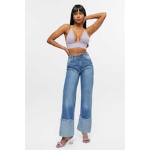 Shevega Kadın Mavi Işlemli Ters Paça Püskül Bol Paça Kot Jeans Pantolon Mavi