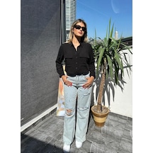 002317 Casual Düz Uzun Kollu Crop Poplin Kadın Gömlek -250 Siyah