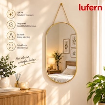 Özel Tasarım Dekoratif Duvar Aynası Gold Metal Çerçeveli İp Askılı 24x40 Cm Banyo Yatak Odası Hol Çok Renkli