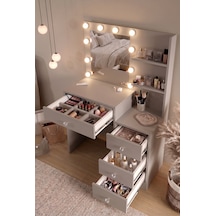 Robin Home Hollywood Makyaj Masası 4 Çekmeceli Düzenleyici Hollywood Led Işıklı Raflı Kumsal Bej