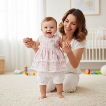 Ürünya Kız Bebek Çocuk Fiyonklu Çiçekli Sıfır Kollu 2'li Takım Pembe