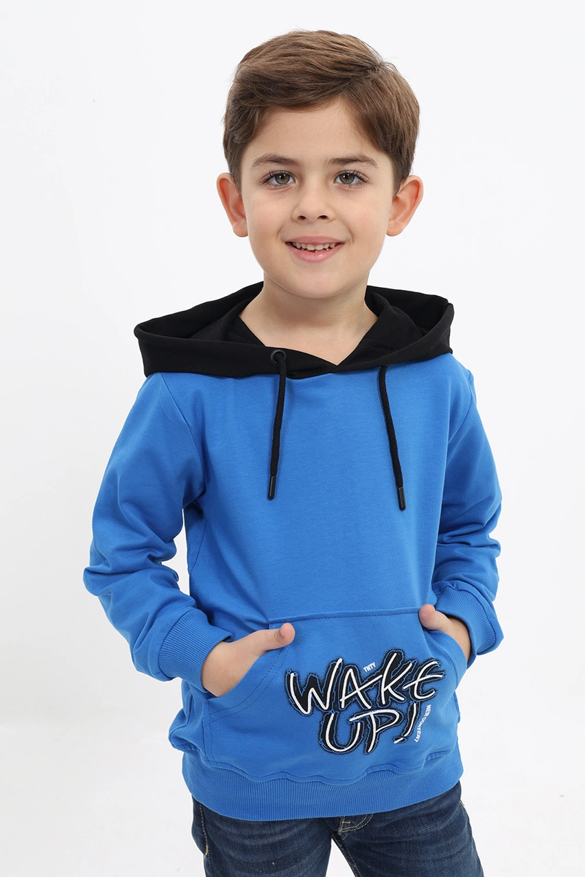Toontoy Kids Toontoy Erkek Çocuk Relax Fit Kapüşonlu Cepli Renk Bloklu Baskılı Sweatshirt - 2 İplik Saks