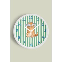 Kedi Tasarım Modern Çocuk Odası Duvar Saati - 30cm - Önü Camlı Beyaz Kasa - Sessiz Mekanizma Beyaz