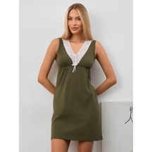 Siti Teks Dantelli Triko Gece Gömleği 378769111 Yeşil Zeytin