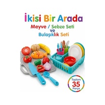 Dede Çocuklar İçin Bulaşıklık Oyuncak Seti + Kesilebilen Meyve Sebze Evcilik Seti 35 Parça