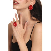 Kadın Gümüş Renk Lak Kaplama Çivili Model Kırmızı Mineli Küpe &yüzük Set Kırmızı