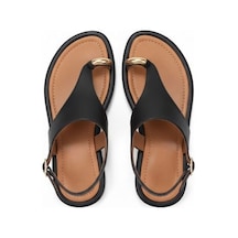 Ne&ve Shoes Siyah Hakiki Deri Aksesuar Detaylı Parmak Arası Kadın Arkadan Tokalı Sandalet