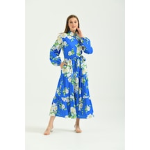 Ftz Women Kadın Desenli Poplin Elbise Saks Mavi 30107-saks Mavi
