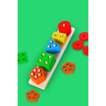 Tam Ahşap Geometrik Şekiller Tek Renkler Uzun Boy Vidalama Oyuncağı Zihin Geliştirici Oyun Set
