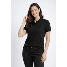Kadın Polo Yaka Tişört Pike Kumaş Kısa Kol Regular Fit Yazlık T-shirt - Siyah