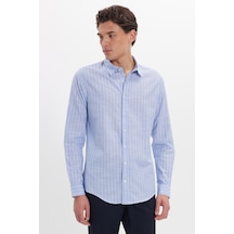 Tudors Erkek Slim Fit Dar Kesim Uzun Kollu %100 Pamuk Keten Doku Çizgili Gömlek-42647 Mavi